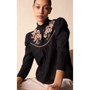 St. Roche Poppy Embroidered High Neck Top Size 2 Color Black/Camel NWT